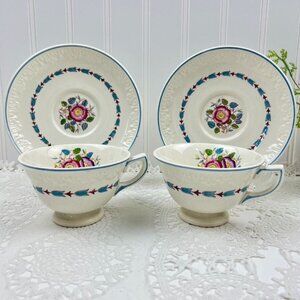 Wedgwood Evenlode Corinthian Floral Set of 2 Tea Cups & Saucers England Embossed